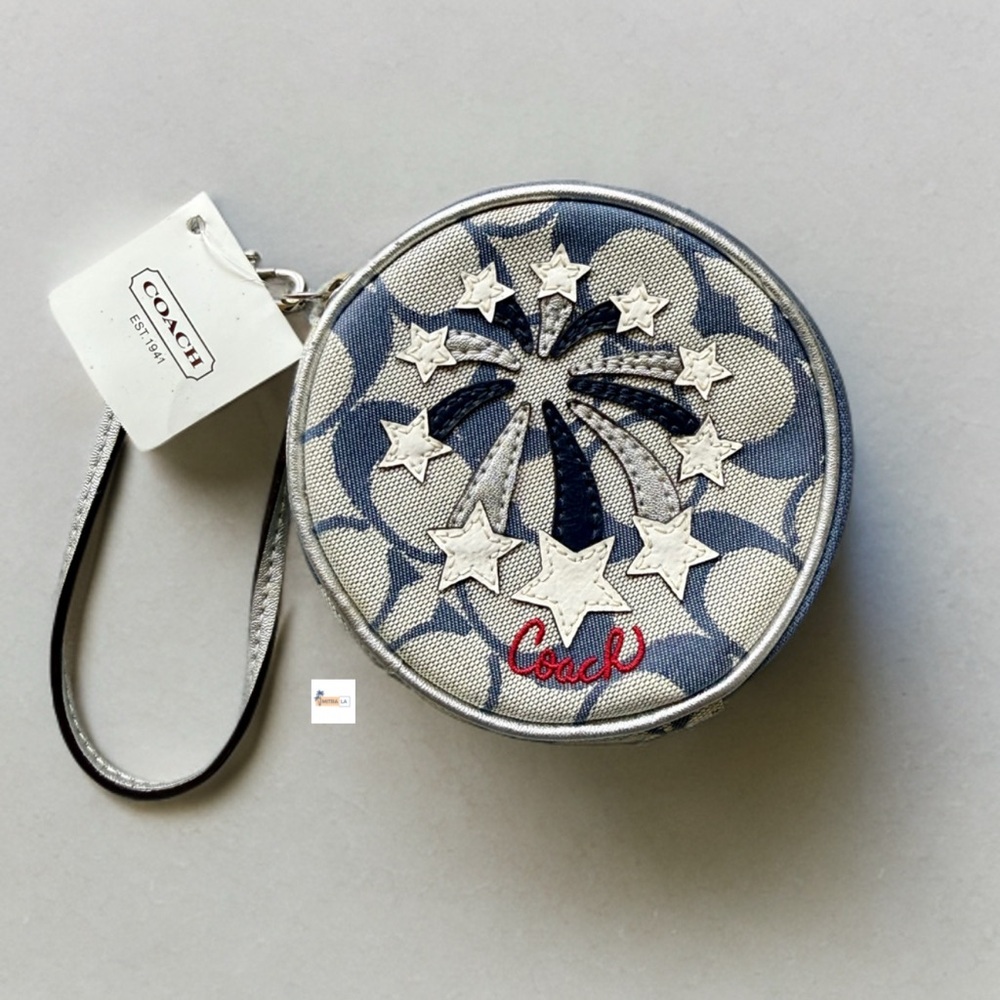 Coach Canvas Blue Signature Silver Star Round Coin Purse Wristlet